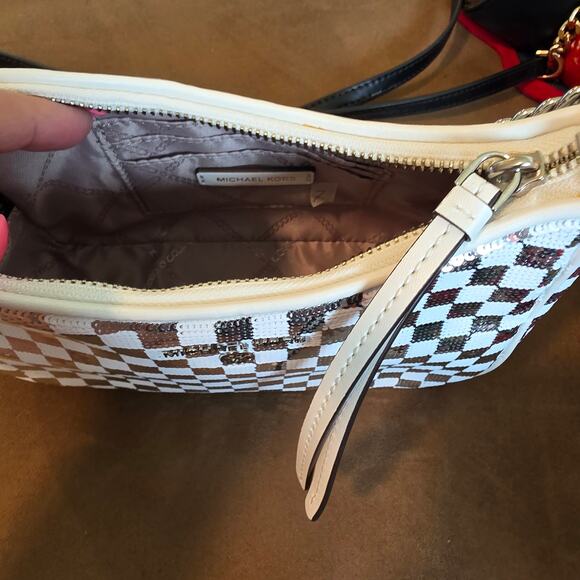 Michael Kors Jet Set Charm Checkered Sequins Pouchette Shoulder Bag  Silver NEW - Picture 5 of 6